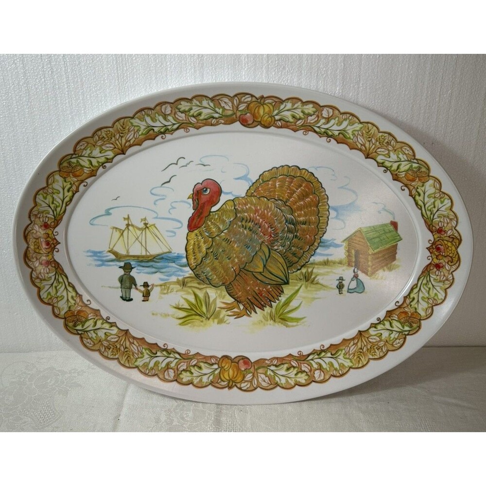 Vintage Brookpark Melamine Turkey Pilgrims Platter No 1521 Thanksgiving 21"